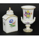 ''A TEA CADDY AND A KRATER VASE Meissen, 20th century Colourfully painted in with a