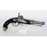 ''A FRENCH PERCUSSION PISTOL circa 1825 Round iron barrel, walnut stock with brass