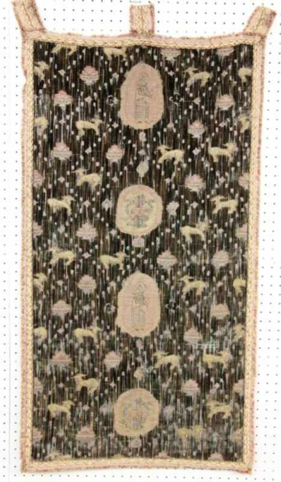 ''A WALL HANGING WITH RELIGIOUS MOTIFS Velvet fabric with gold brocade. 118 x 65
