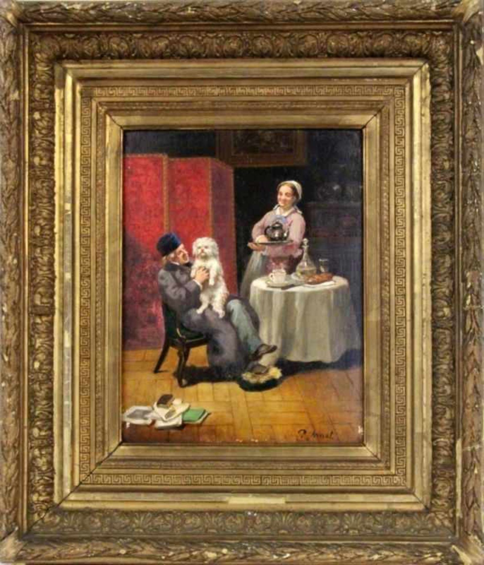 ARNAL, P. circa 1900 Couple with dog at the laid table. Oil on panel, signed. 34.5 x 26.5 - Bild 2 aus 2