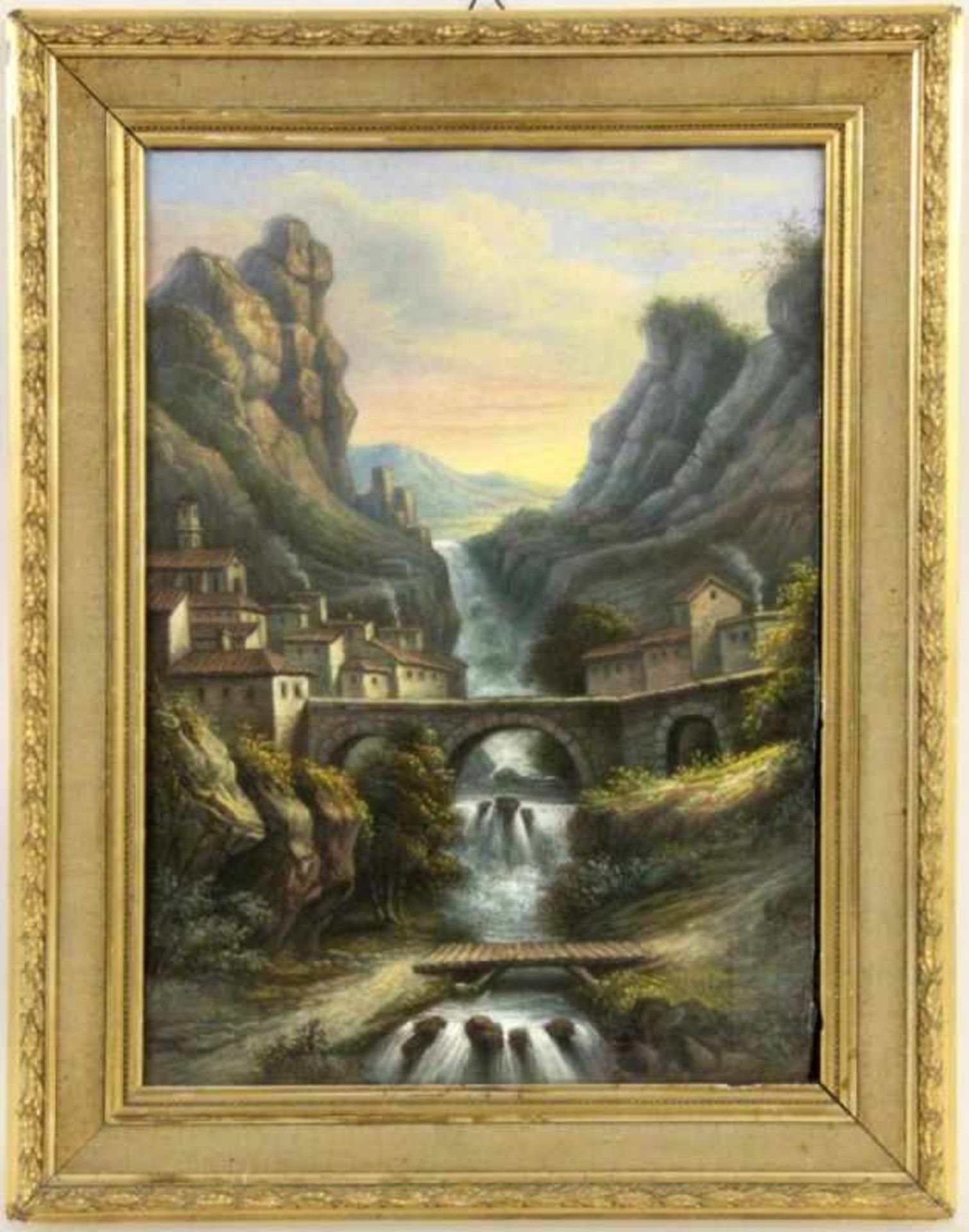 ''(Attributed to) CLAUSEN, GEORGE English painter 1852-1944 Mountain gorge with village and