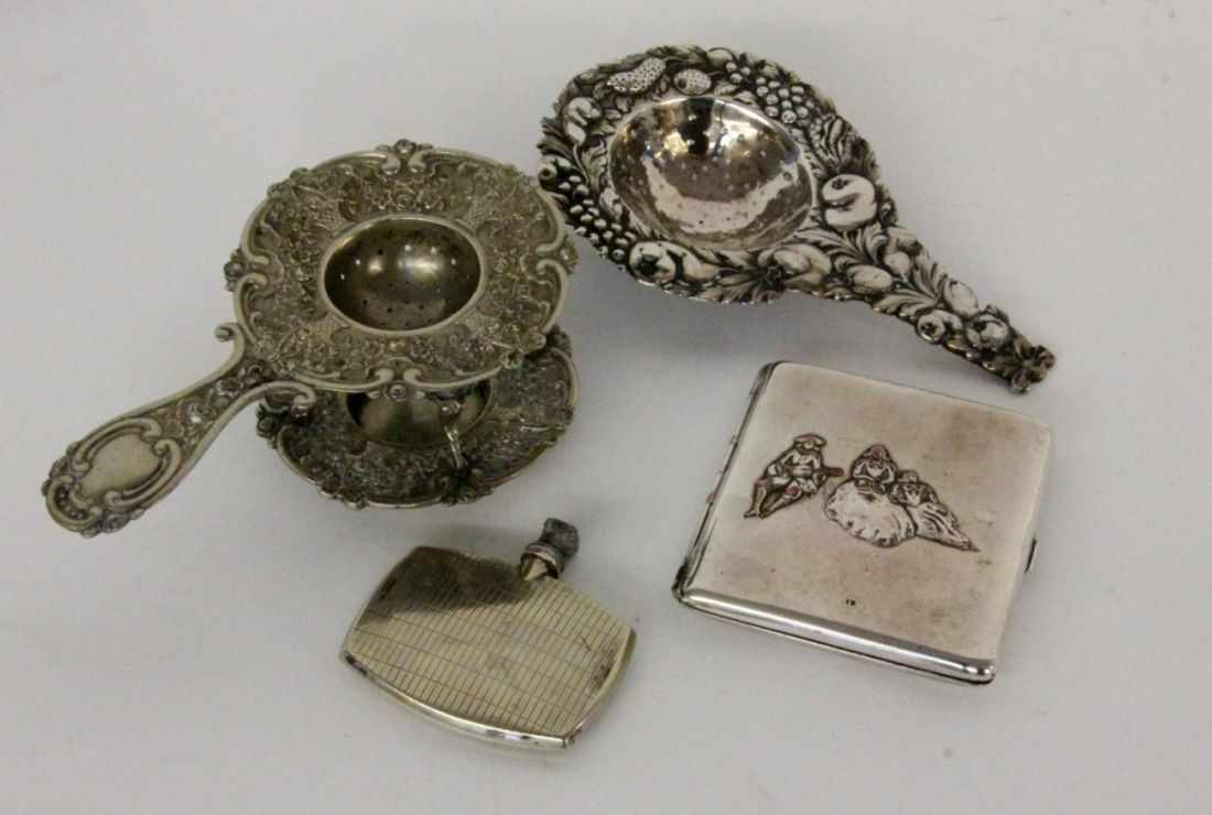 ''A LOT OF SILVER-PLATED ITEMS 2 tea strainers, cigarette case and a smelling salt