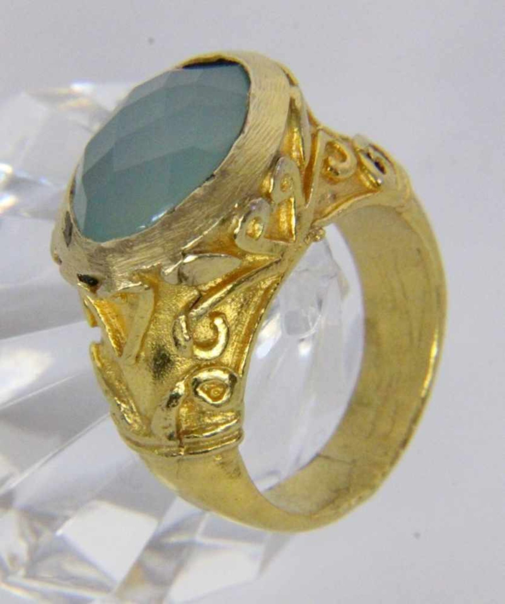 ''A LADIES RING Silver gilt with opaque aquamarine. Ring size 54, gross weight approx. 12