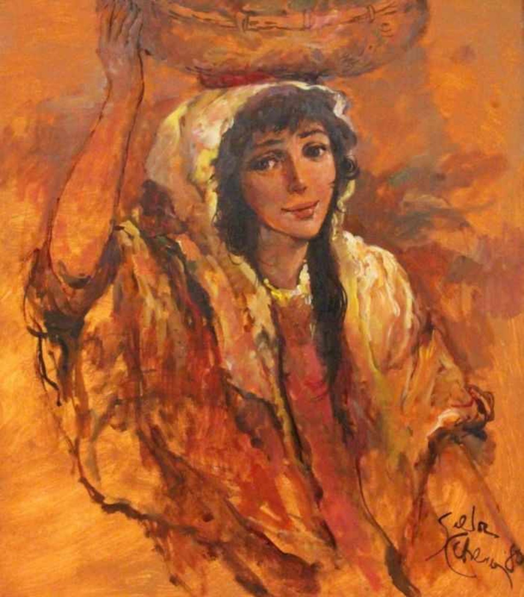 ''CABERA, SALVADOR 20th century Market woman. Oil on canvas, signed and dated: (19)80. 80 x