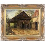 ''UNKNOWN ARTIST 19th/20th century Old farm with wooden shed. Oil on panel, 42 x 55 cm,