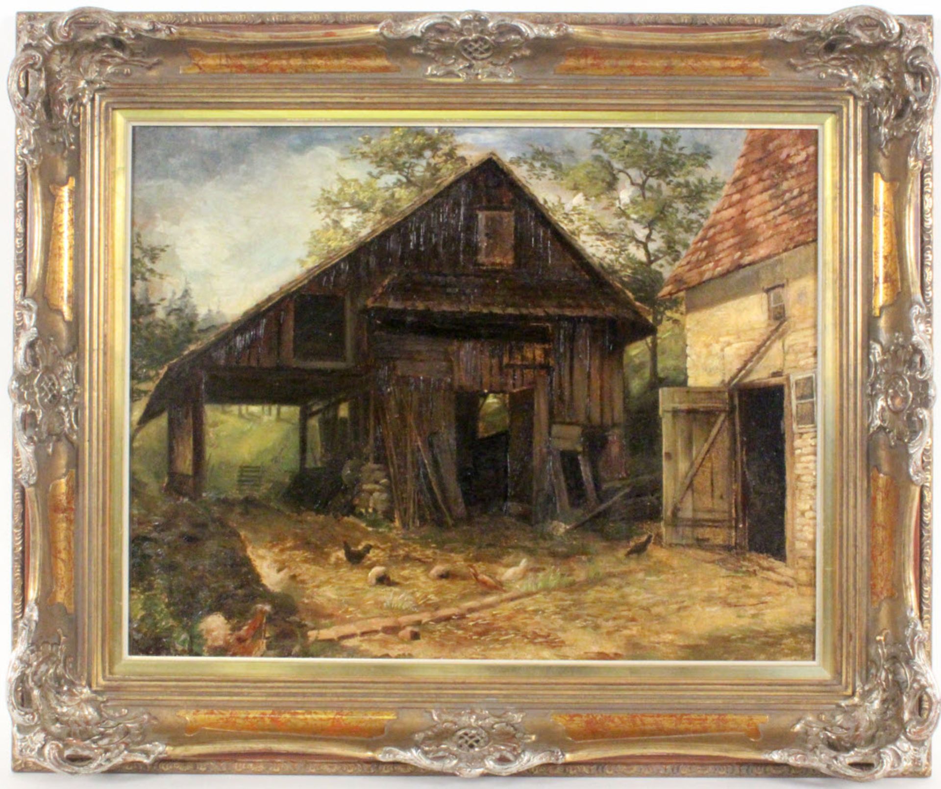 ''UNKNOWN ARTIST 19th/20th century Old farm with wooden shed. Oil on panel, 42 x 55 cm,