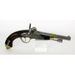 ''A FRENCH PERCUSSION PISTOL circa 1822 Round iron barrel, walnut stock with brass