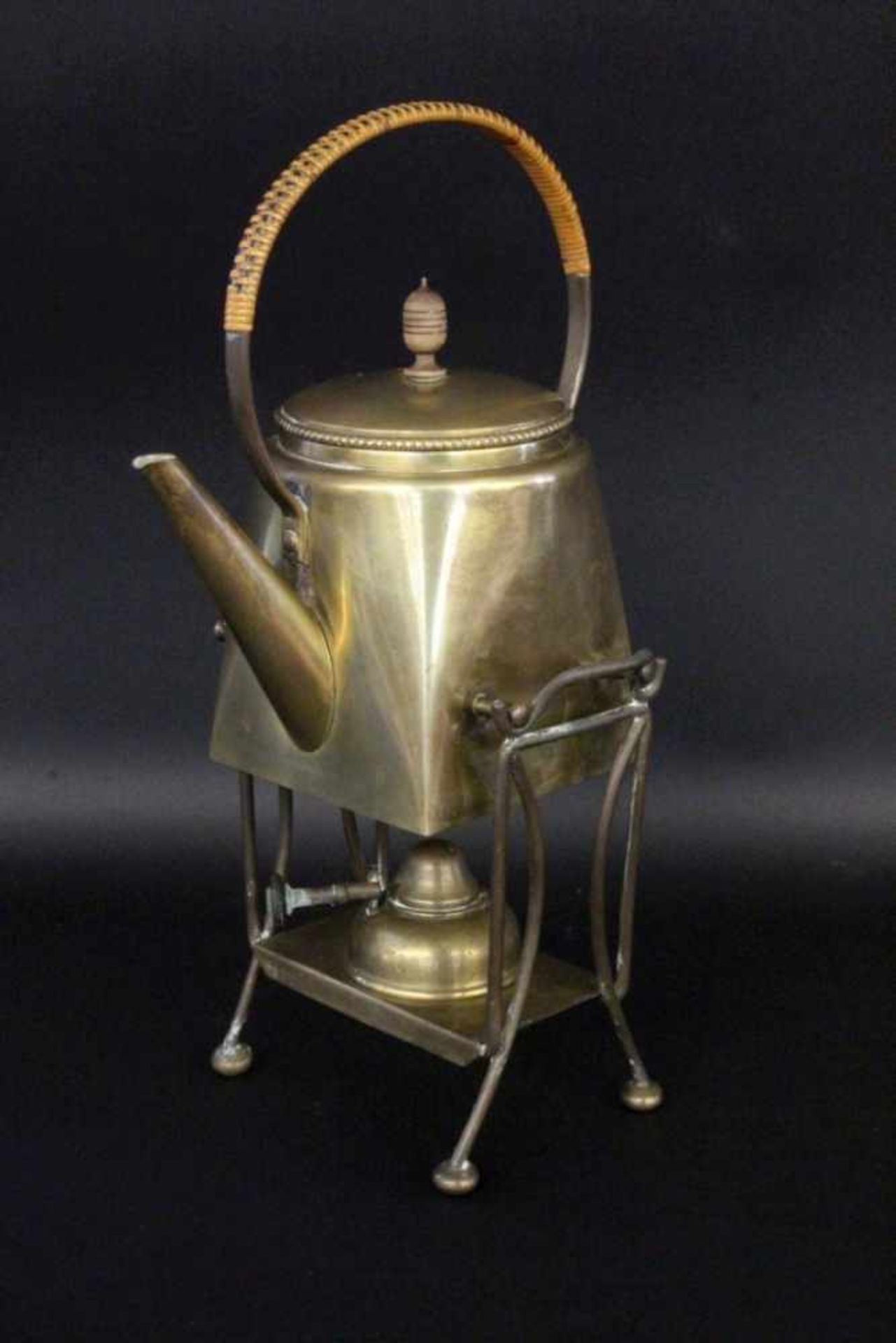 AN ART NOUVEAU TEA POT WITH WARMER AND RECHAUD circa 1910 Brass. Handle with wrapped round