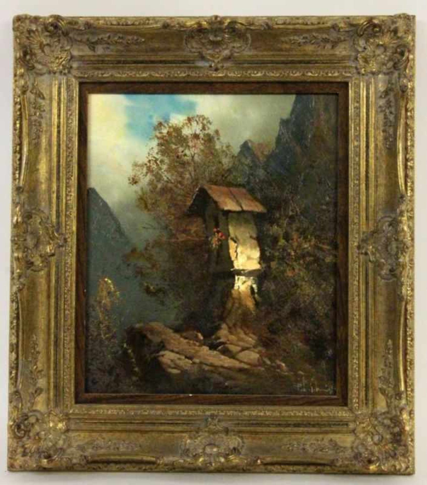 ''SCHMIDT, PETER J. 20th century Wayside chapel in the mountains. Oil on panel, signed. 30