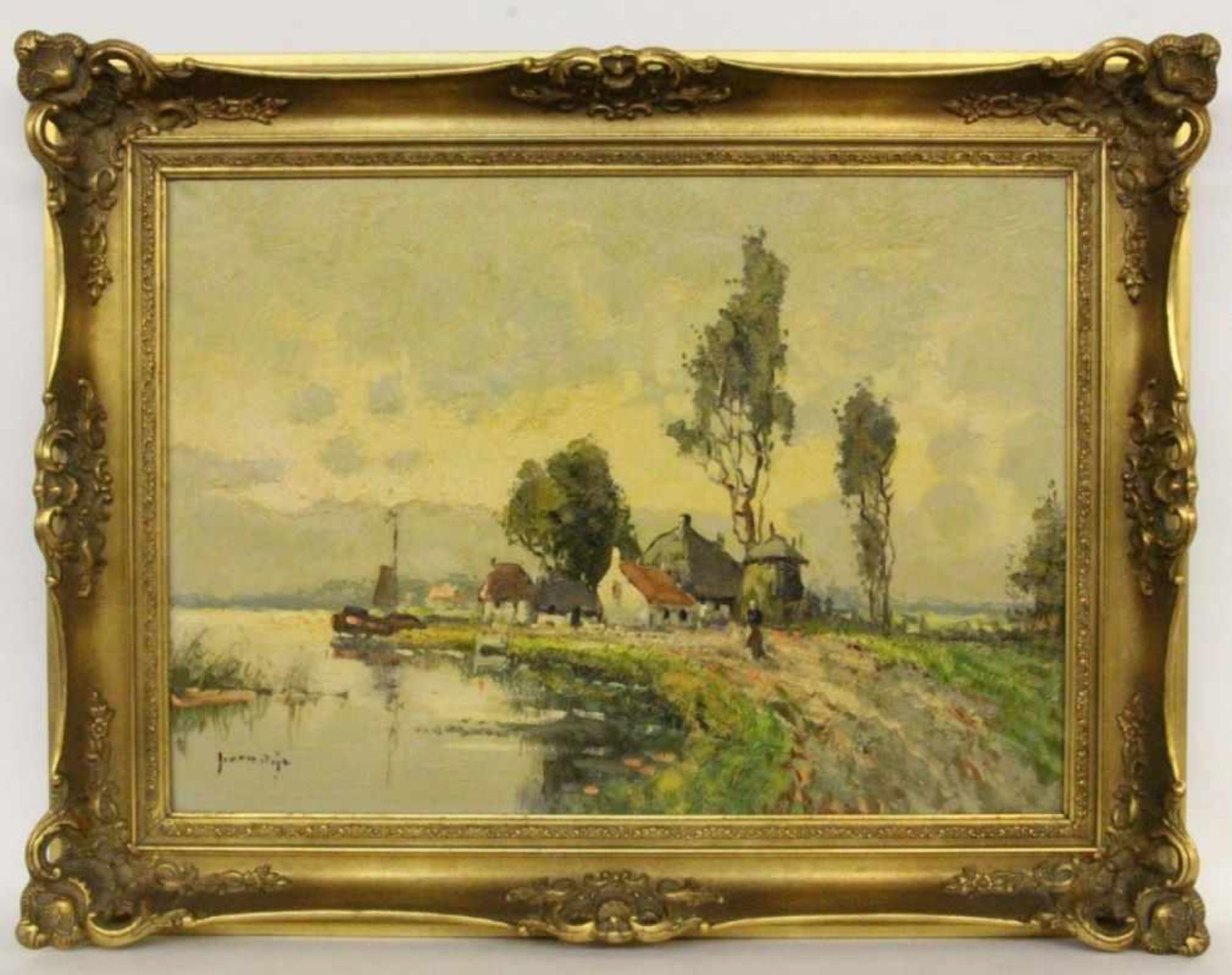 LANDSCAPE PAINTER 20th century Dutch Landscape with Farmhouses and a Fishing Boat. Oil on