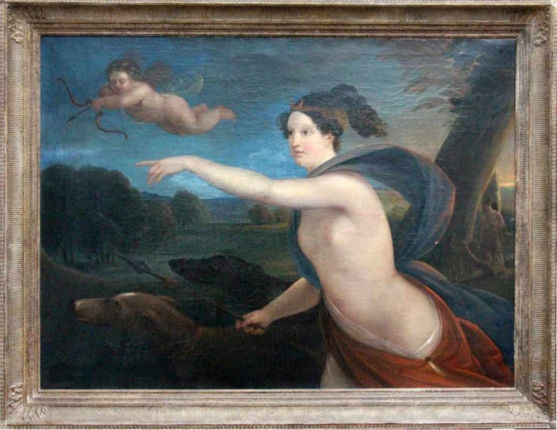 ''UNKNOWN MASTER 18th century Diana on the hunt, accompanied by Cupid. Oil on canvas,