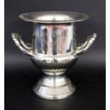 A CHAMPAGNE COOLER Silver-plated metal. Crater form with handles. 27 cm high