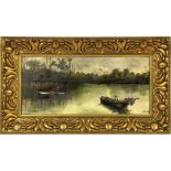''KRETSCHMER, E. circa 1900 Forest lake with anglers in boats. Oil on canvas, signed and