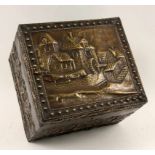 A BOX Belgium ca. 1900 Wooden box with brass and relief decoration. Hinged lid with lock