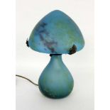 ''A TABLE LAMP IN MUSHROOM SHAPE Colourless glass with blue and yellow meltings. 35 cm