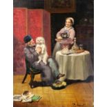 ARNAL, P. circa 1900 Couple with dog at the laid table. Oil on panel, signed. 34.5 x 26.5
