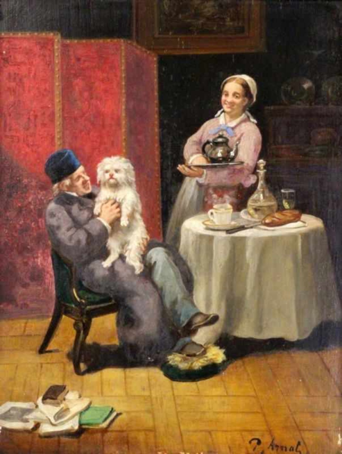 ARNAL, P. circa 1900 Couple with dog at the laid table. Oil on panel, signed. 34.5 x 26.5