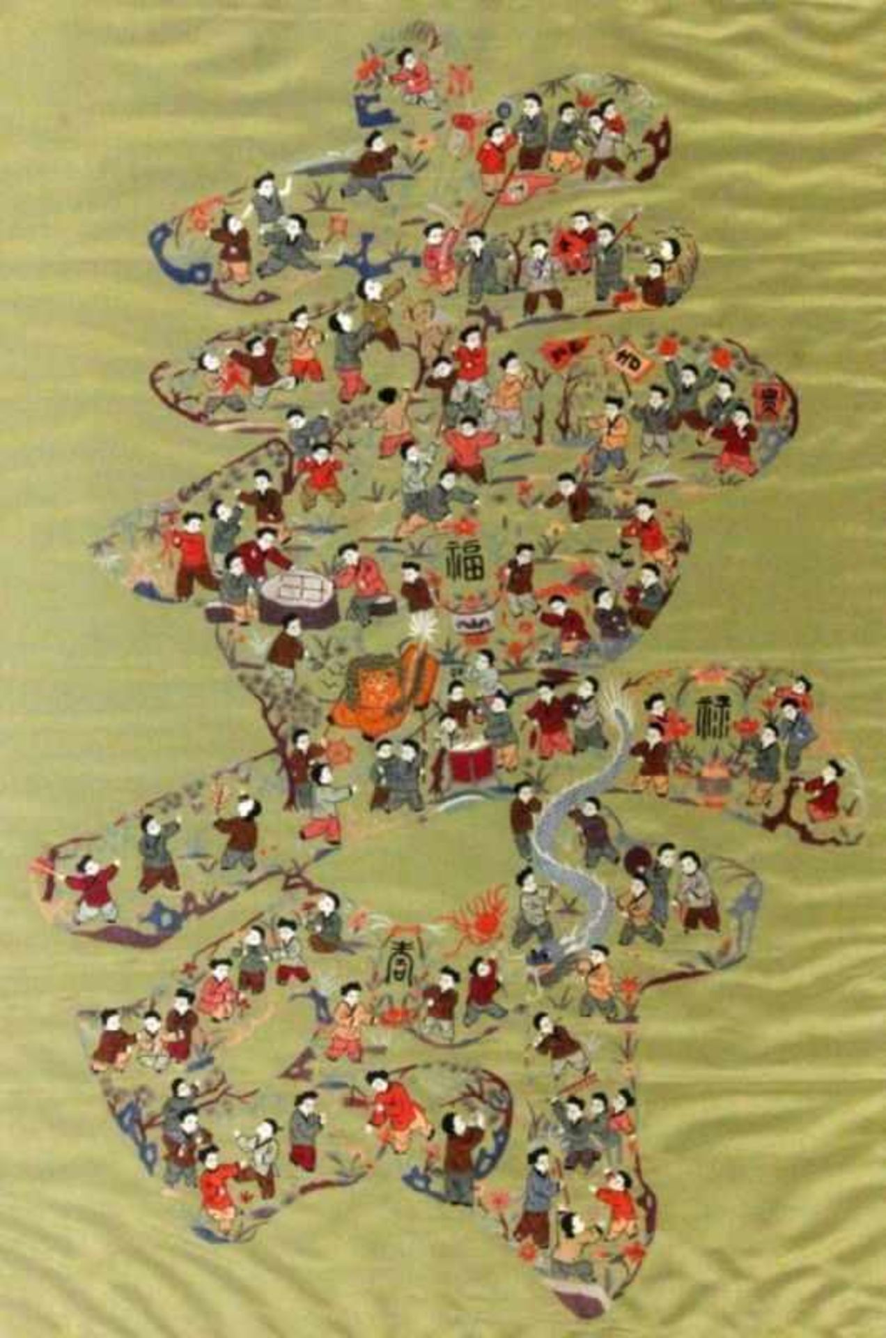 ''100 PLAYING CHILDREN China. Large embroidered silk picture with the hundred playing