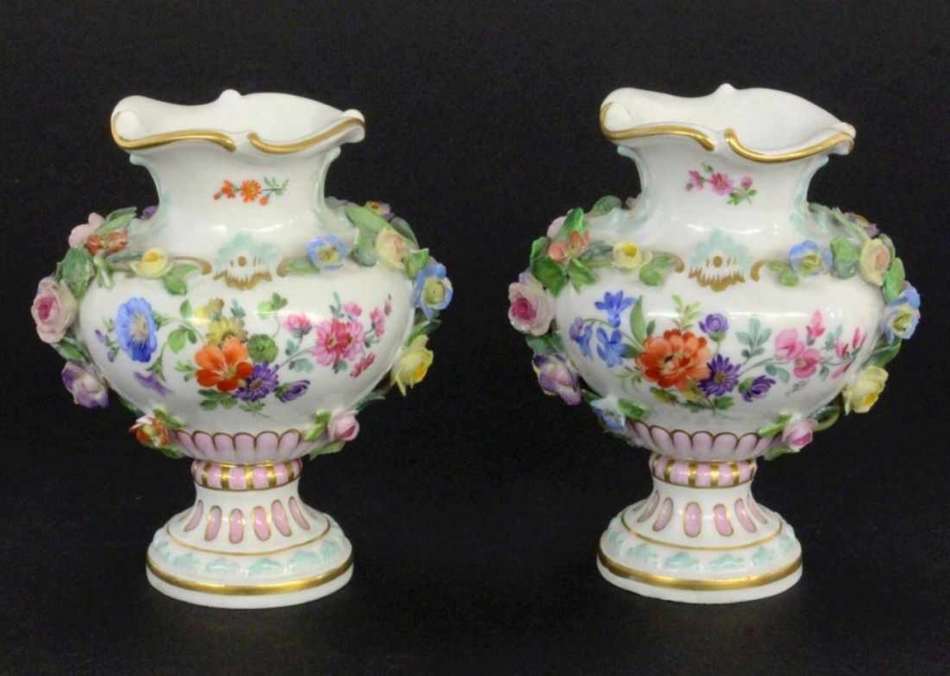 ''A PAIR OF MINIATURE VASES Meissen circa 1900 Baroque shape with polychrome painted flower