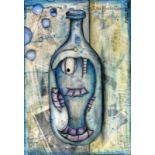 ''FENETRE Fish in the bottle. Mixed technique on canvas, signed. 65 x 46 cm,