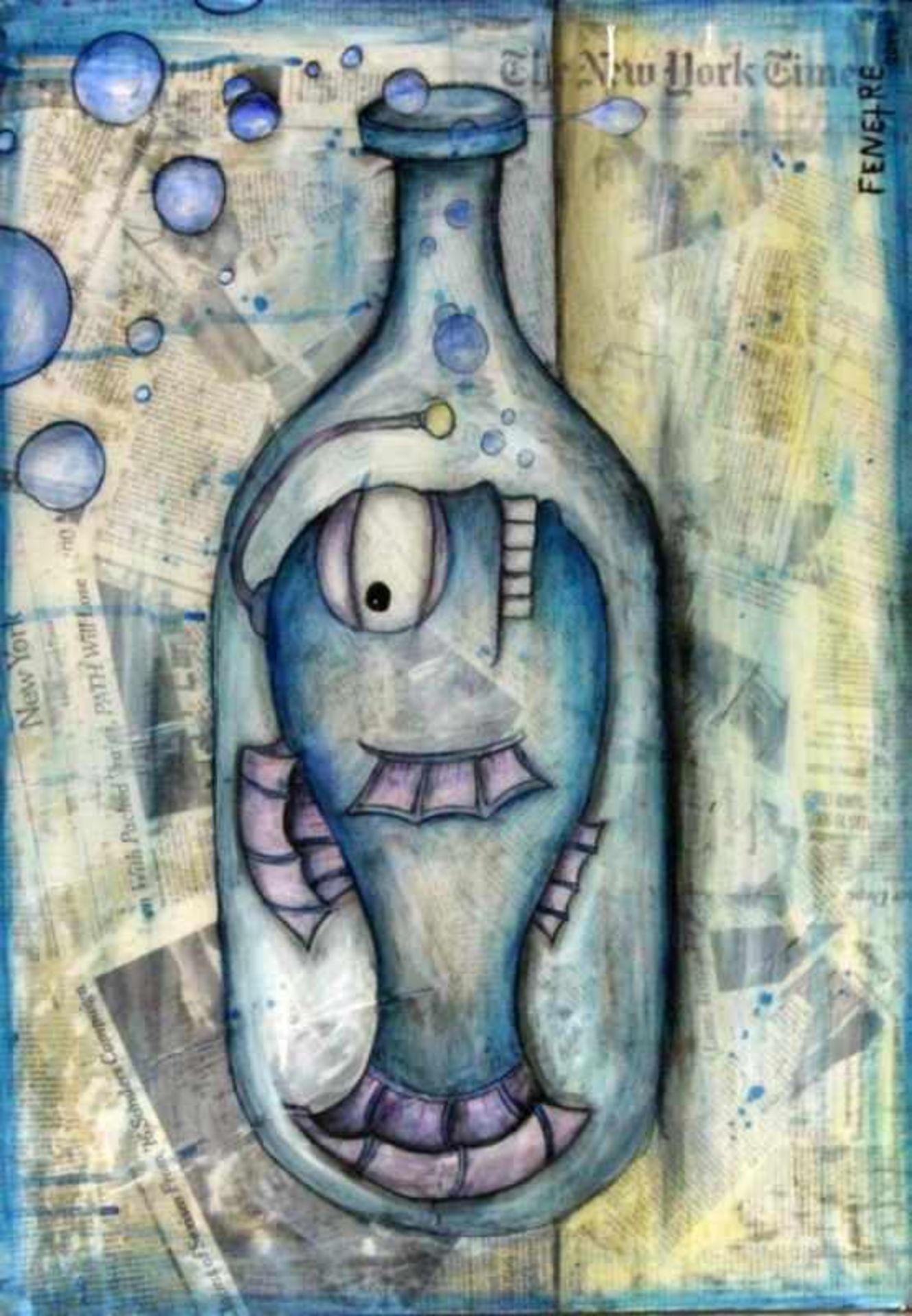 ''FENETRE Fish in the bottle. Mixed technique on canvas, signed. 65 x 46 cm,