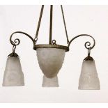 AN ART DECO HANGING LAMP France, 1920s Centre bowl with 3 globes made of colourless and