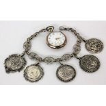 ''A CHARIVARI Silver with 5 coin pendants and silver pocket watch. 30 cm long, approx. 166