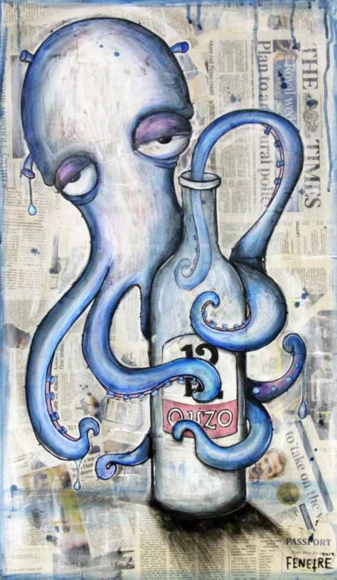''FENETRE Stuttgart 1983 Octopus with ouzo bottle. Mixed technique on canvas, signed. 88 x