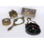 A LOT OF 5 MISCELLANEOUS ITEMS 3 lidded boxes, hand mirror and theatre bag with pearl