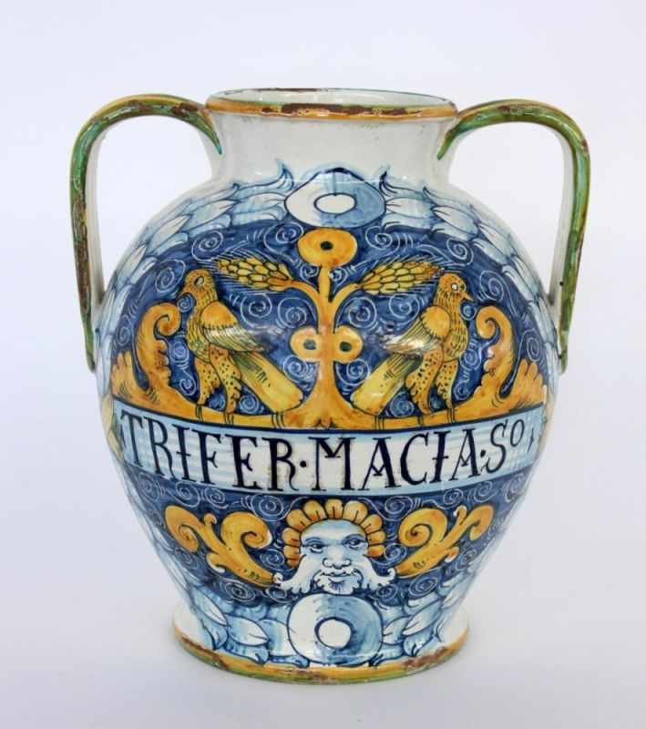 A TWIN-HANDLED VASE IN URBINO STYLE Italy Maiolica with coloured painting. 31 cm high.