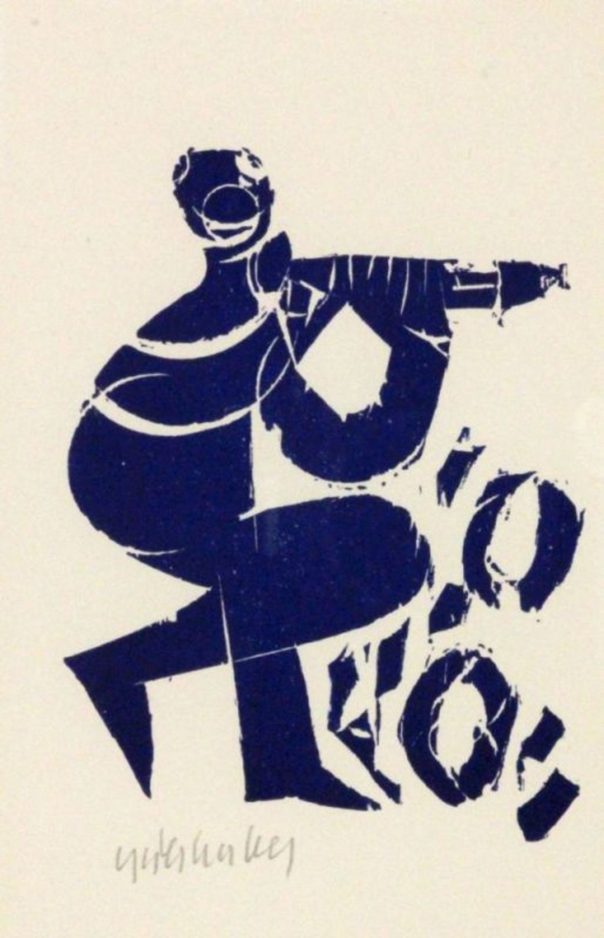 GRIESHABER, HAP Rot an der Rot 1909 - 1981 Achalm Pan. Woodcut, blue, 1980. Hand signed.