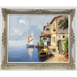CALLICIO Italian painter, 20th century Houses by the Lakeside. Oil on panel, indistinctly