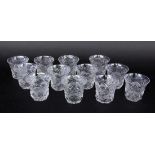 A SET OF 12 WHISKEY GLASSES Cut crystal glass. 7.5 cm high. Keywords: glass, glassware,
