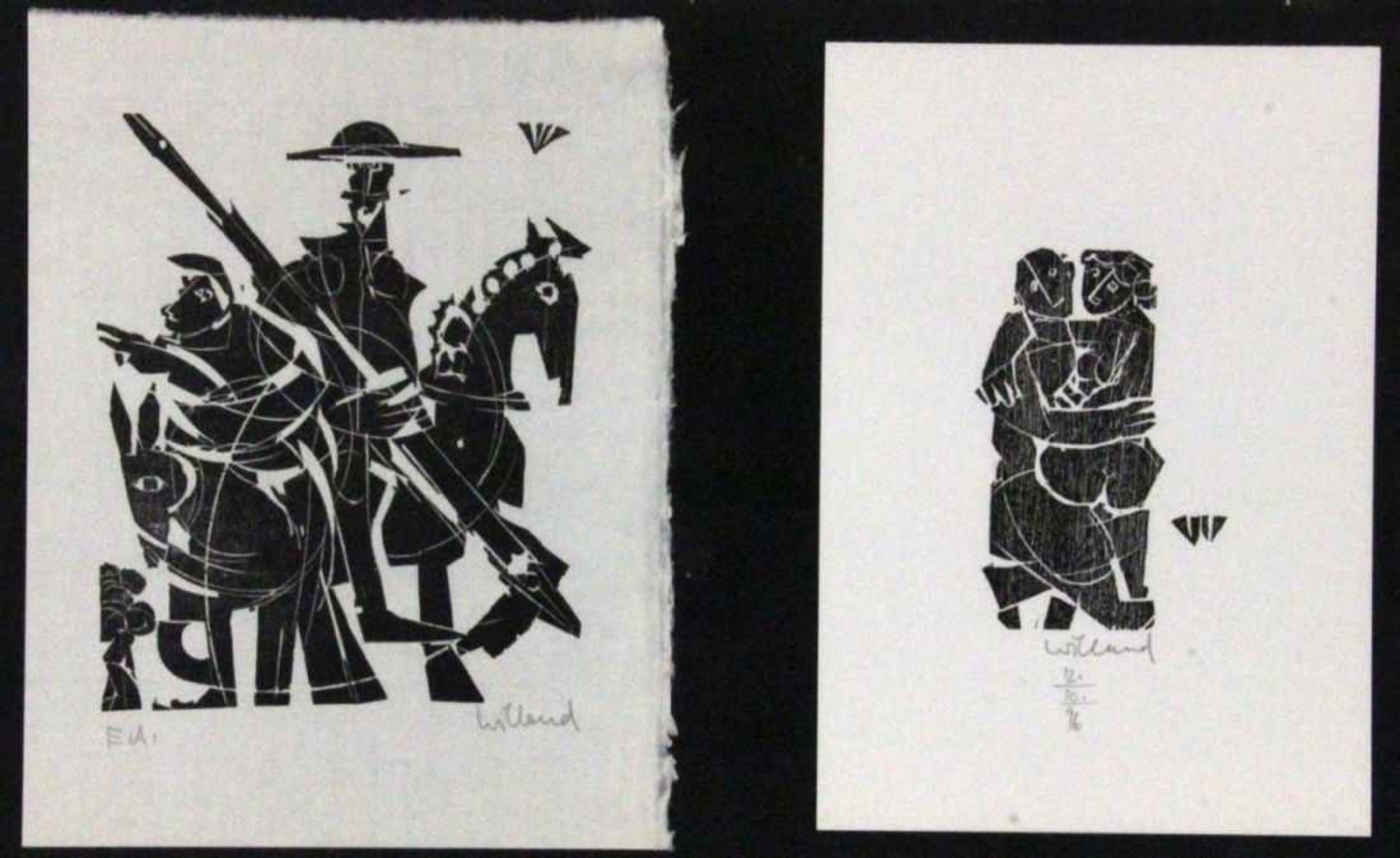 WILLAND, DETLEF Heidenheim 1935 Don Quixote and Sancho Panza - Embrace. 2 woodcuts, each