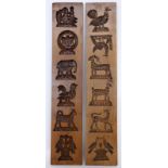 TWO OLD WOODEN BLOCKS with animal motifs. 67 x 13 cm each. Keywords: forms, patterns