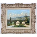 DEFILLER French painter, 20th century Old Bridge in Front of a Village with People. Oil on