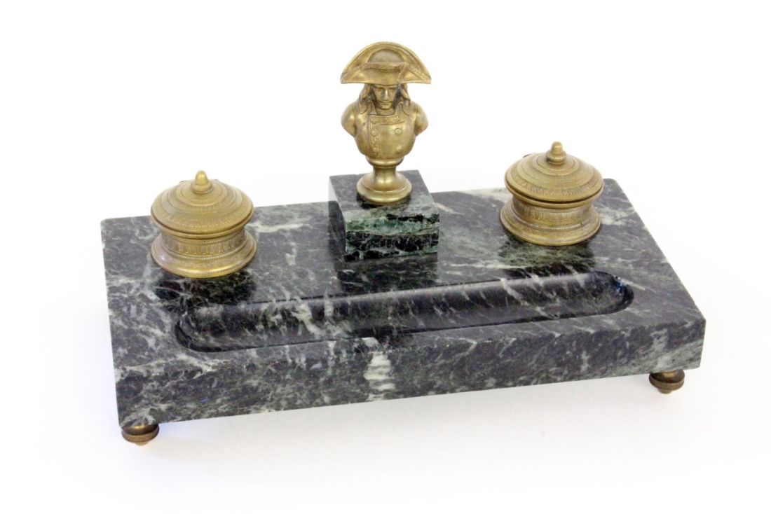 A PEN TRAY WITH INKWELL France circa 1900 Green spotted marble bowl with 2 small inkwells