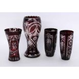 A LOT OF 4 VASES Clear crystal glass with ruby red overlay and cut decoration. 18 - 26.5