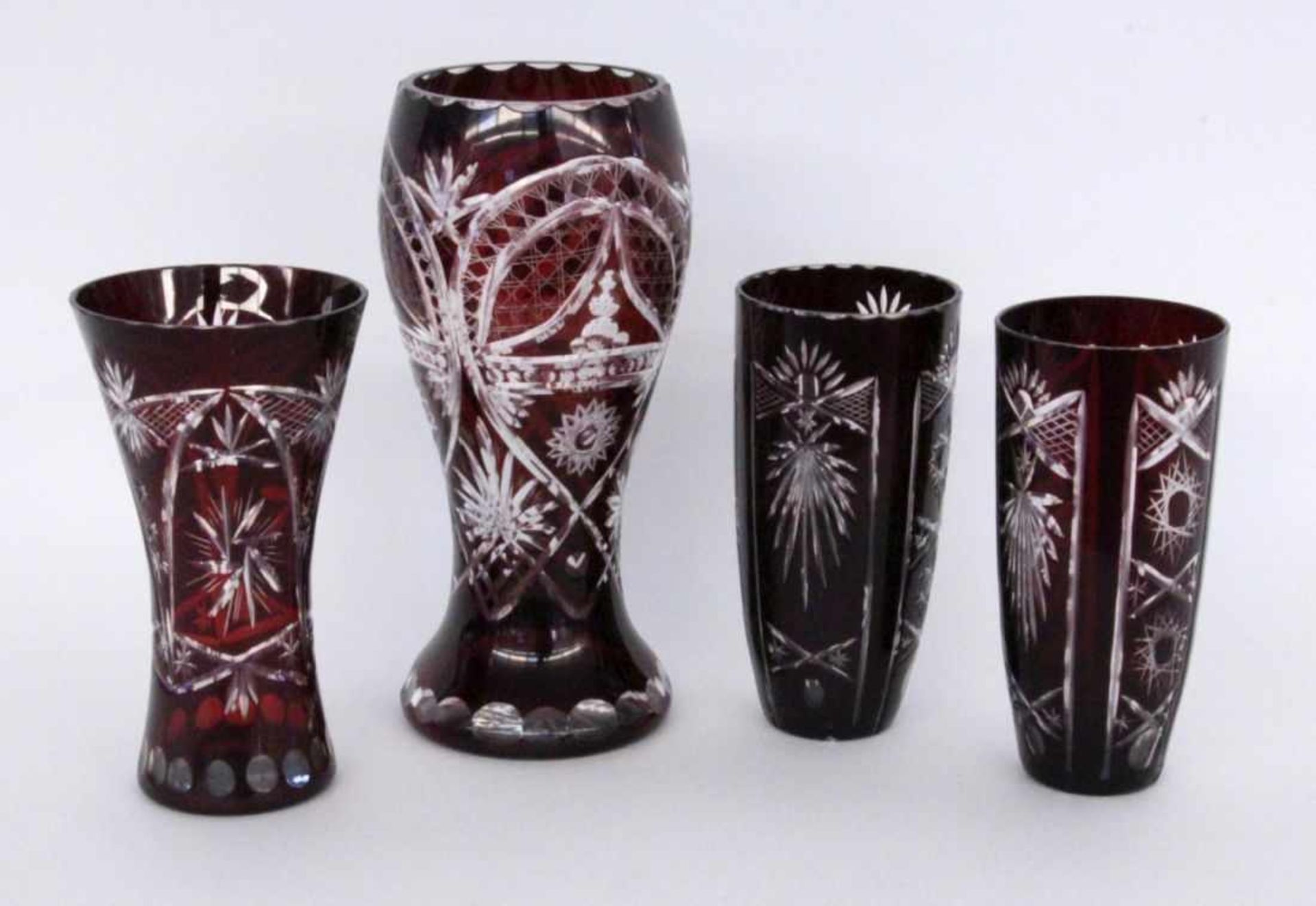 A LOT OF 4 VASES Clear crystal glass with ruby red overlay and cut decoration. 18 - 26.5