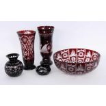 A LOT OF 5 GLASS ITEMS Clear crystal glass with ruby red overlay and cut decoration. 3
