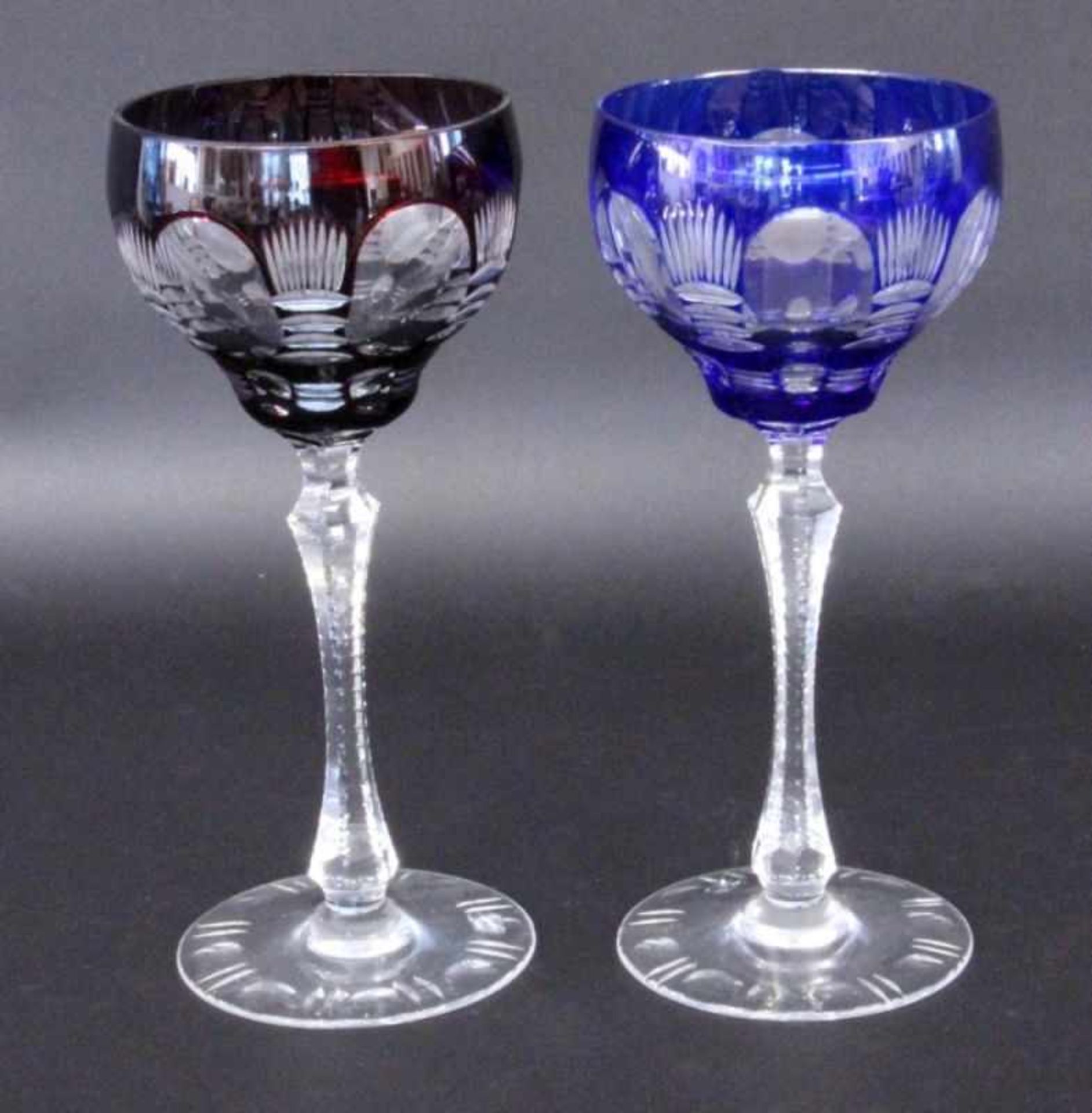 A PAIR OF RUMMER GLASSES Bohemia Lead crystal with coloured bowl and cut decoration. 21 cm