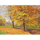 DEBUSMANN, C.E. 20th century Autumn Landscape. Oil on cardboard, indistinctly signed and