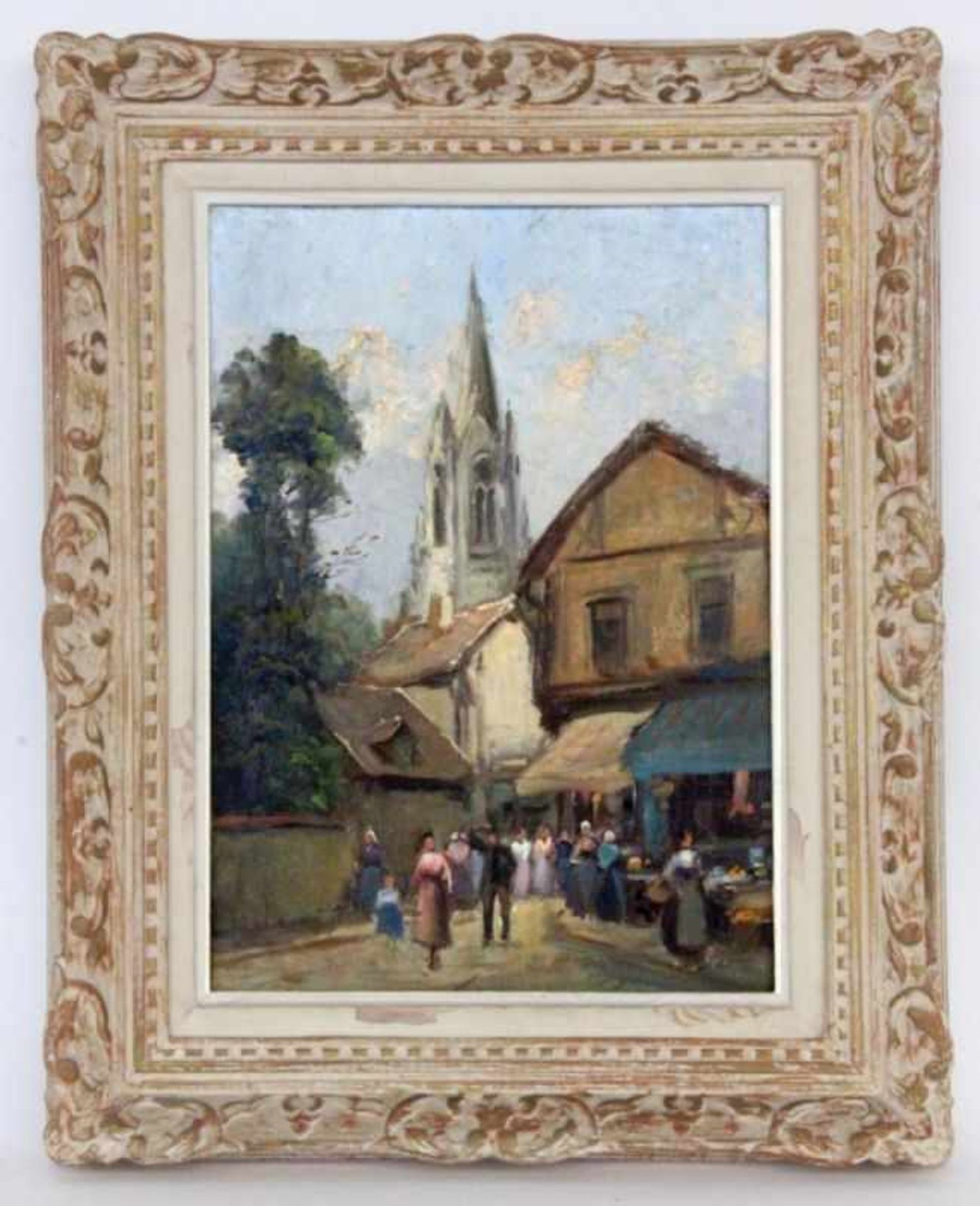 FRENCH PAINTER 20th century Market Day in a French Small Town. Oil on cardboard, 36.5 x 27