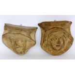 TWO MASCARONS Plaster. 24 cm high. Includes a plaster relief. Keywords: miscellaneous