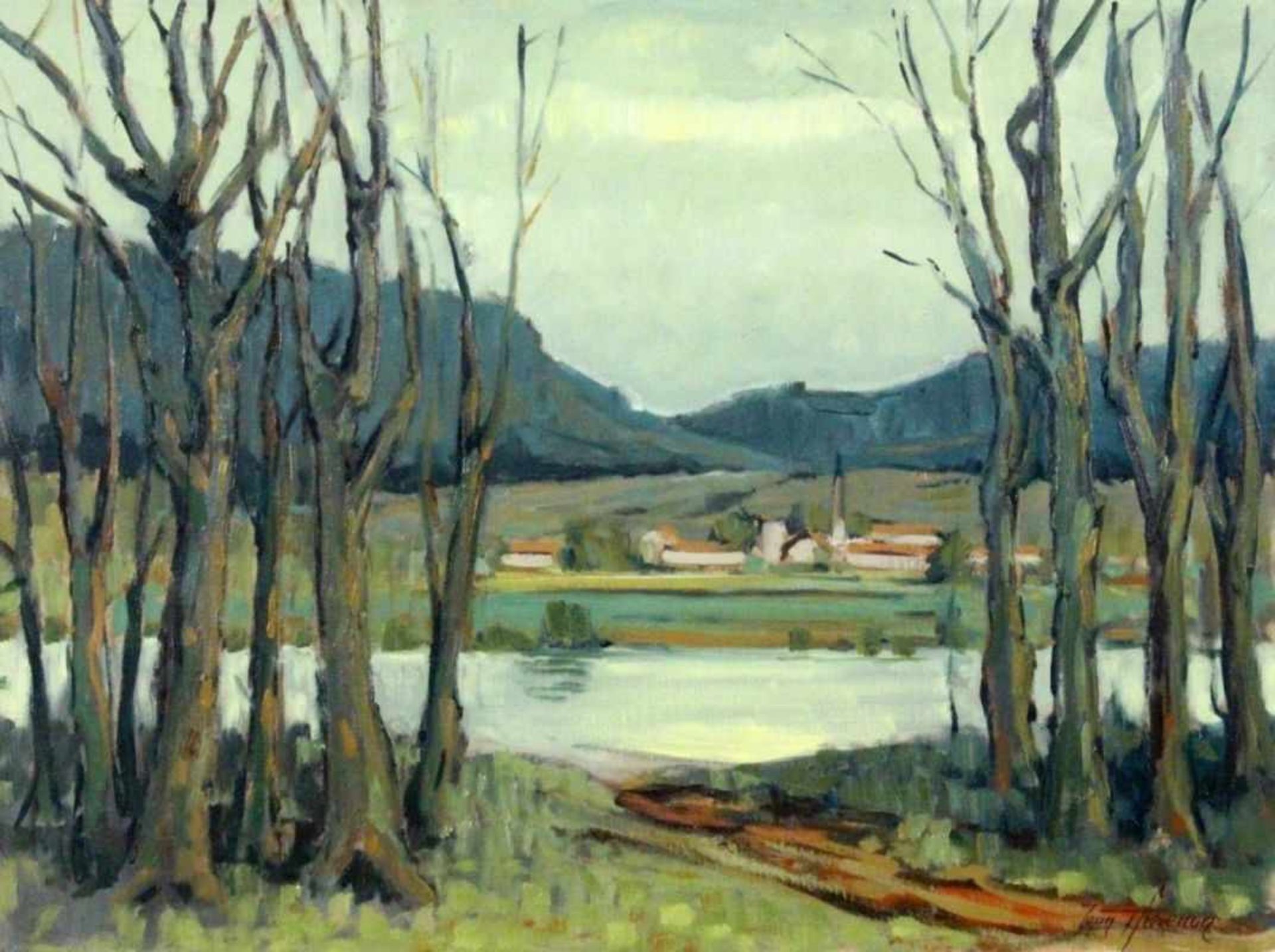 THEVENON, JEAN France, 20thcentury View of a village on the river. Oil on canvas, signed.