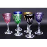 A SET OF 6 WINE GLASSES Josephinenhutte Crystal glass with coloured overlaid bowl and cut