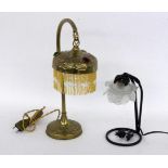 TWO ART NOUVEAU TABLE LAMPS Brass with glass hanging pendants, 40 cm high, wrought iron
