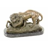 (After) ANTOINE-LOUIS BARYEParis 1796 - 1875 A lioness tearing into an antelope.Patinated bronze
