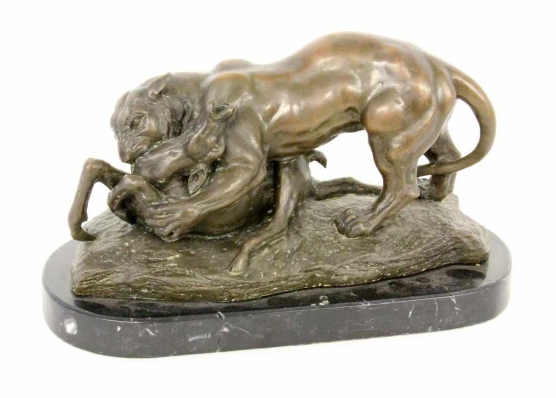 (After) ANTOINE-LOUIS BARYEParis 1796 - 1875 A lioness tearing into an antelope.Patinated bronze