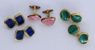 A LOT OF 3 PAIRS OF CUFFLINKS Silver, rolled gold. With nephrite. Rhodochrosite and lapis